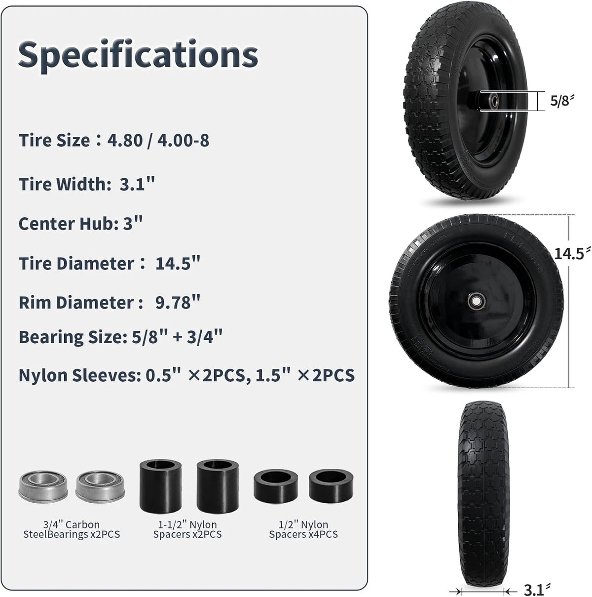 Wheelbarrow Tire 4.80/4.00-8 Flat Free Solid Tire Wheel 14.5 Inch, Replacement Heavy Duty Wheel, with 5.8" and 3.4" Bearings 3" Center Hub, fits Garden Cart, Dolly, Hand Truck, Trailer, Wagon, 1 Pcs