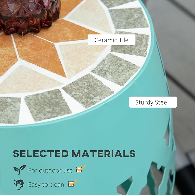 Outsunny 12" Patio Round Side Table, Outdoor Footstool, Garden Mosaic Accent Side Table, Plant Stand, Blue