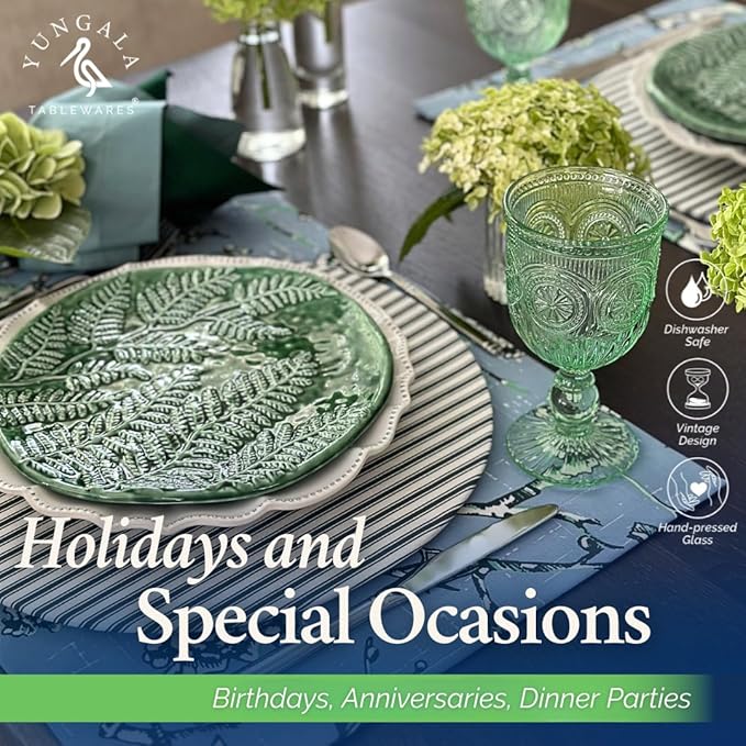 Yungala Green Wine Glasses set of 6 green goblets for lovers of green glassware or colored glassware that is dishwasher safe, sturdy and durable