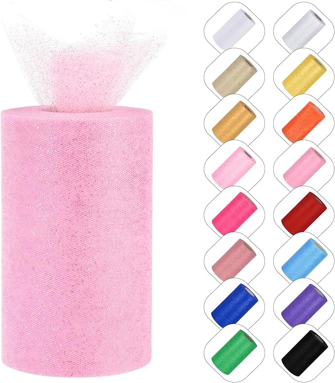 Glitter Tulle Rolls 6” by 50 Yards Sparkle Tulles Fabric Ribbon Sequin Tulle Netting Rolls for DIY Tutu Skirt Wedding Birthday Party Decoration (Light Pink-New)