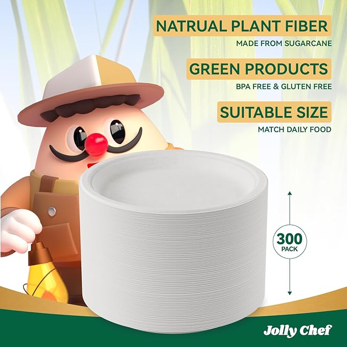 JOLLY CHEF Compostable Heavy Duty Plates 𝟭𝟬 𝗜𝗻𝗰𝗵 [𝟯𝟬𝟬 𝗣𝗮𝗰𝗸] Eco-Friendly Disposable White Paper Plates Made of Bagasse Biodegradable Bulk for Party Dinner Sugarcane Fibers Round 300 Count