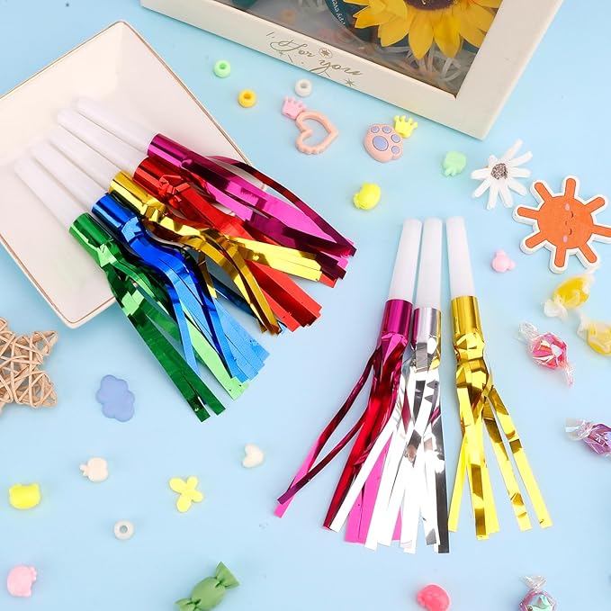 Noise Makers, 24 PCS Gold Noise Makers, Glitter Metallic Fringed Party Blowers Noisemakers Horns for Adults for 2025 New Year Eve Party Birthday Sporting Events Favor Supplies Decorations (Mixcolor)