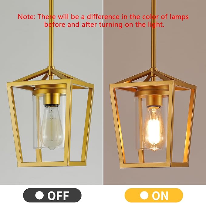 SGLfarmty 1-Light Gold Pendant Light, Farmhouse Cage Pendant Lighting Fixture for Kitchen Island, Lantern Pendant Lights Brass Finish with Glass, Modern Geometric Hanging Light for Foyer, Entryway