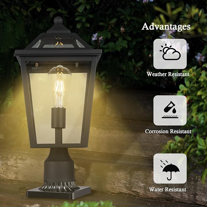 Colonial Outdoor Post Light Fixture, 8.5 Inch Large Modern Exterior Pillar Lantern with Black Finish & Clear Glass, Pole Light for Garden, Backyard, Courtyard, Patio, Pathway,RZ-033P BK-1