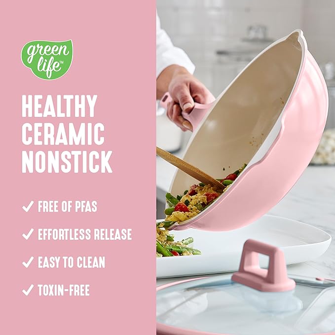 GreenLife Nonstick 12” (5QT) All in One Deep Skillet Wok with Lid, PFAS-Free Non-Toxic Ceramic Multi-Purpose Pan, Induction, All Stovetop, Egg, Stir Fry, Saute, Stay Cool Handle, Pink