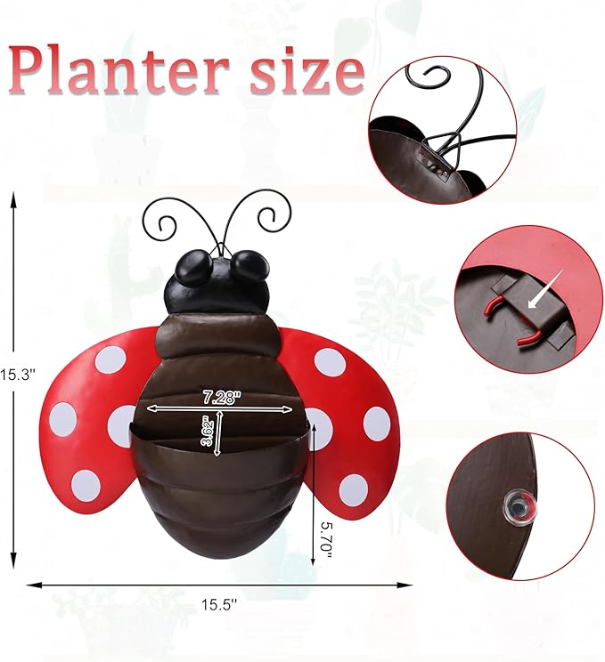 Metal Wall Planter Ladybug Wall Mounted Planters Small Flower Pot with Drainage for Indoor Outdoor Farmhouse Hanging Planter Succulent Plant Container Vertical Garden Yard Decor