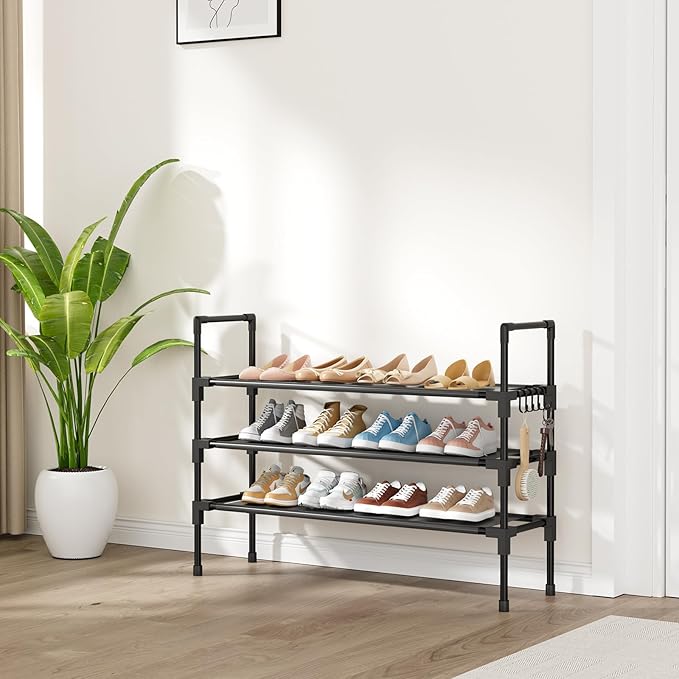 3 Tier Shoe Rack, Shoe Organizer Storage for 16-20 Pair Boot and Sneaker, Stackable Free Standing Shoe Shelf with Hooks and Side Pocket, Space Saving Shoes Rack for Closet, Entryway