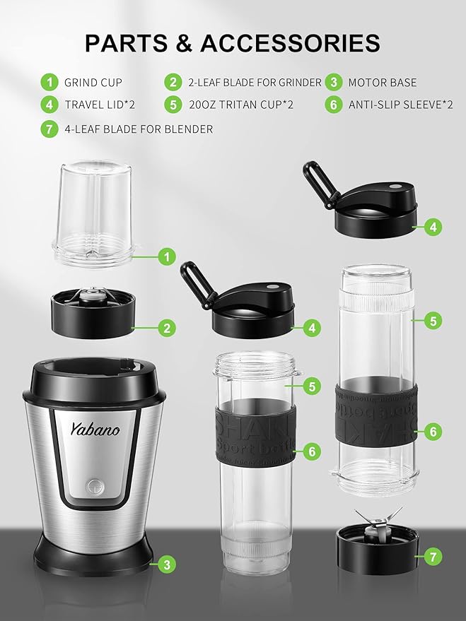 Personal Blender, Electric Shake Bottle with 2 x 20oz Travel Bottle and Coffee/Spices Jar, Portable Shaker Cups for Protein Shakes, 500W Single Serve Blender for Shakes and Smoothies, Sports(Black)