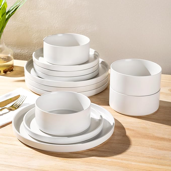 GBHOME Ceramic Dinnerware Sets for 4, Stoneware Plates and Bowls Sets, Chip and Scratch Resistant Dishes, Dishwasher & Microwave& Oven Safe Dishes sets, Reactive Glaze-White