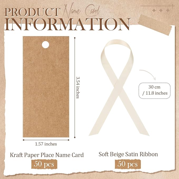 50 Pcs Name Place Cards for Table Setting Blank Wedding Place Cards with Satin Ribbon 1.57 x 3.54 Inch Hanging Gift Tags for Wedding Dinner Banquet Party Table Setting Supplies (Kraft)