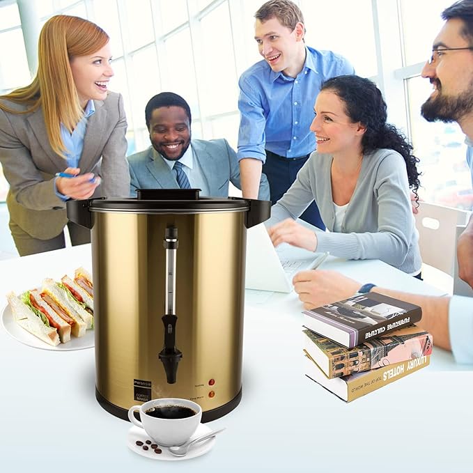 6L/25cup Coffee Urn, Fast Brewing, Double Wall, Beverage Dispenser, Commercial 304 Stainless Steel Hot Water Urn, Electric Percolator, Large Coffee Maker for Catering, Home, Wedding, Gold
