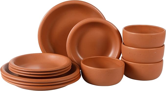 Bloomhouse Corsica Clay 12 Piece Stoneware Rustic Reactive Glaze Dinnerware Set - Stackable Plates and Bowls Set. Service for 4 - Matte Burnt Apricot Terracotta