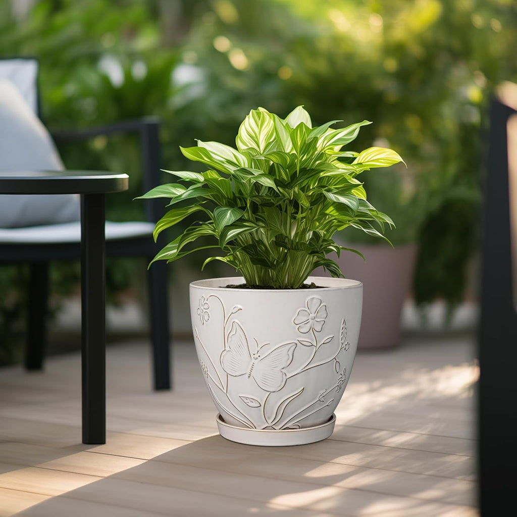 10 Inch Plant Pot Ceramic Planter Pot with Drainage Hole and Saucer Round Planter Large Flower Pot for Indoor Outdoor Plants Home Garden Decor White