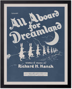 Poster Master All Aboard For Dreamland Poster - Retro Children's Lullaby Print - Story Book Art - Bunny Art - Rabbit Art - Aesthetic Art - Kid's Bedroom or Nursery Wall Decor, 8x10 Black Framed