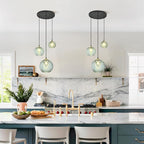 KCO Lighting Vintage Green Glass Chandelier 3 Light Pendant Light Fixtures Farmhouse Striped Glass Pendant Light Gold and Black Hanging Lights Multi Light Cluster Pendant Lighting