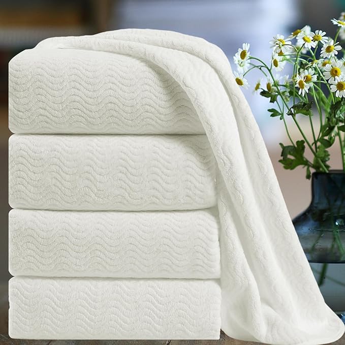 Ultra Soft Bath Towel Set of 4, Beige Extra Large Textured Microfiber Luxury Towels 35x70 in, Quick Dry, Highly Absorbent, Fluffy, Oversized, for Bathroom Shower Pool Hotel Beach