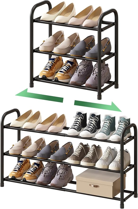 Shoe Rack for Closet, 3-Tier Expandable Shoe Organizer, Metal Adjustable Black Shoe Shelf Storage Organizer, Free Standing Shoe Rack for Entryway Closet Doorway
