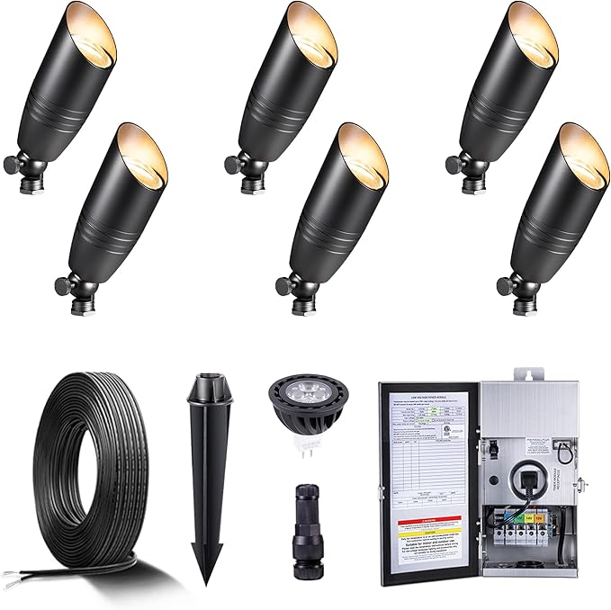 Black Brass Low Voltage Landscape Spotlights(6-Pack) Kit 12V LED with Low Voltage Transformer 150W & Mechanical Timer & 100FT Wire & 30Pack Connectors for Outdoor House Garden Patio
