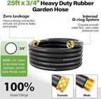 SPECILITE 3/4" Garden Hose 25 ft with High Flow Nozzle, Heavy Duty Flexible Hybrid Rubber Water Hose for Outdoor, Lightweight, Leak-Proof, No-Kink, 3/4"Brass Fittings,Black