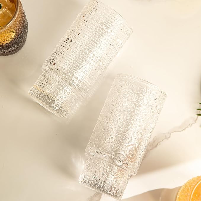 4 Pack Vintage Glassware Drinking Glasses Set, 16 oz Hobnail Glassware, Embossed Clear Water Tumbler, Cocktail Glass Cups for Kitchen and Bar, Perfect for Juice, Iced Coffee, Whiskey, Beer