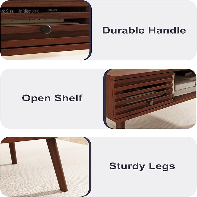 Coffee Table, Mid Century Modern Table with Storage, Living Room Center Table with Slatted Panel Drawer, Fluted Wood Coffee Table with Open Shelf for Living Room, Walnut