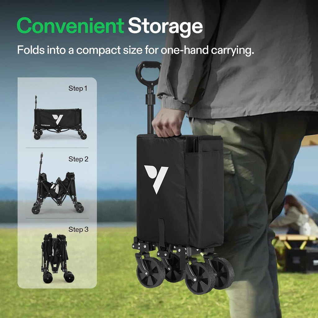 VIVOSUN Collapsible Wagon with Side Gates, 220lb Load-Bearing Outdoor Utility with All-Terrain Wheels, Adjustable Handle, Cup Holders for Camping, Shopping, Garden, Sports, Picnic, Black