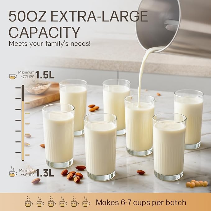 50oz Almond Milk Maker Machine (Built-in Filter) Make Plant Based Milk, Soup & Juice, 6-7 Cups Per Batch, 304 Stainless Steel, 5.3 lb, Automatic Cleaning, 8-IN-1 Nut Milk Maker for Soy & Oat (Silvery)