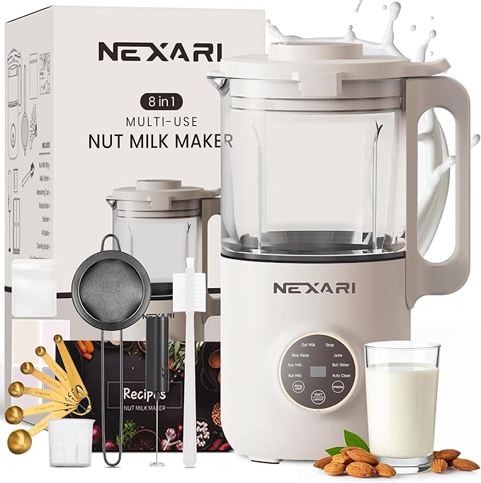 9 pcs Nexari 8-in-1 Nut Milk Maker Machine – 1.2L Stainless Steel & Glass | Almond, Oat, Soy, Coconut Machine | Blenders | Plant-Based Smoothie Blender, Milk Frother & Milkshake maker | Self-Cleaning
