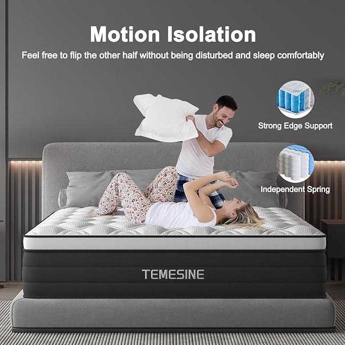 Queen Mattress, 10 Inch Hybrid Mattress in a Box with Individual Pocket Spring, Gel Memory Foam and Euro Top, Medium Firm Feel with Motion Isolation, Pressure Relief, Edge Support,Queen Size Black