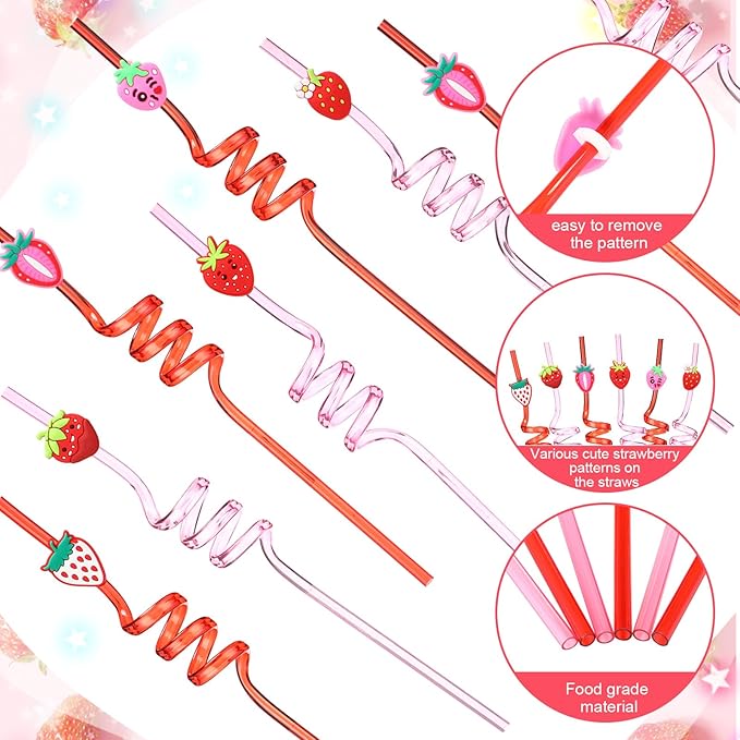 Yungyan 36 Sets Strawberry Party Favors Goodie Cups with Lids and Straws for Birthday Decorations Reusable 16oz Plastic Candy Cups Plastic Straws for Birthday Party (Strawberry)