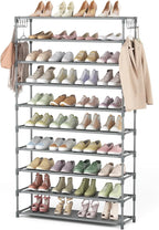 10 Tiers Shoe Rack 50 Pairs Large Capacity Tall Shoe Organizer Sturdy Shoe Storage with Two Hooks Space Saving Metal Wide Shoe Rack for Closet, Entryway, Bedroom, Grey