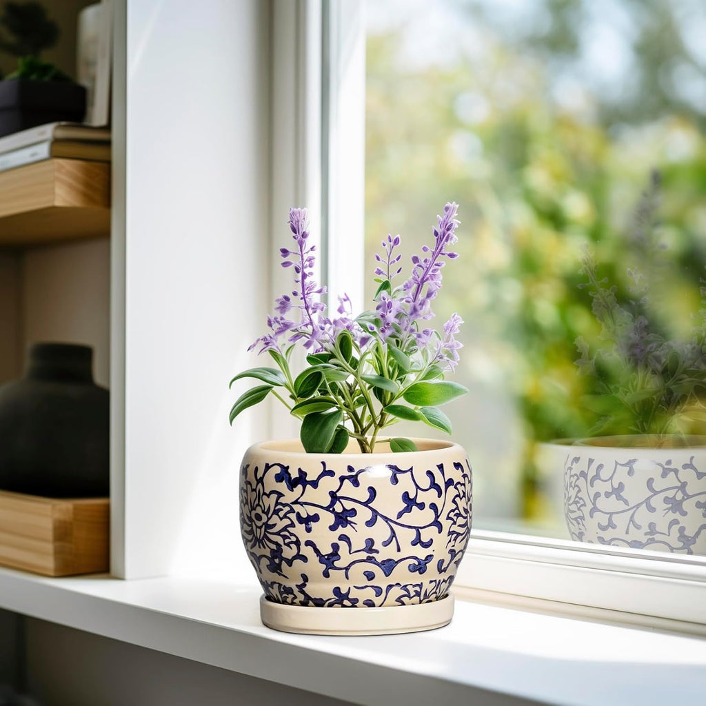 SQOWL Ceramic Flower Pots - 6 Inch Plant Pot Indoor with Drainage Hole and Saucer, Porcelain Ceramic Planter Outdoor, Decorative Round Small Planter, House Decor, Plant Lover Gifts, Blue and Beige
