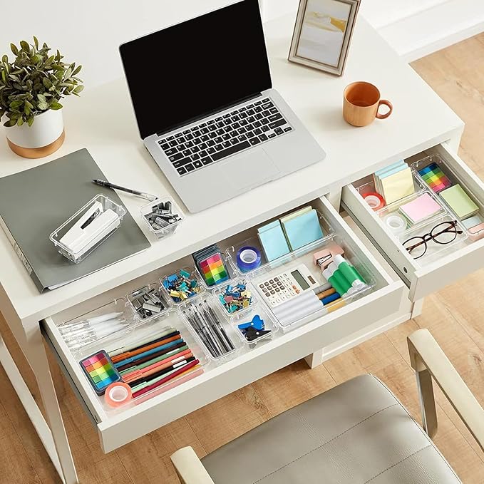 8 Pack Clear Drawer Organizer, 4 Sizes Organization and Storage Trays, Drawer Organizer Bins for Kitchen, Vanity, Bathroom, Office