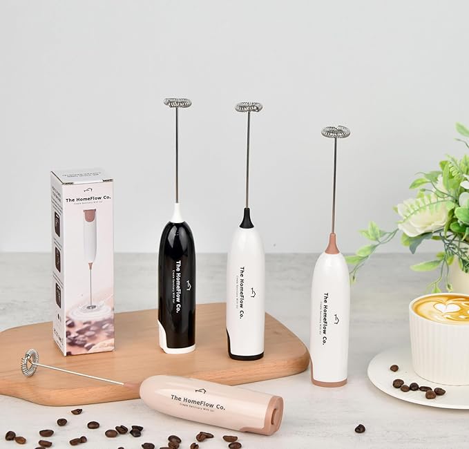 THC Handheld Milk Frother, Quick Electric Foam Maker for Coffee, Latte, Cappuccino, Matcha, Hot Chocolate, Portable Whisk Mixer Battery Operated (White & Black)