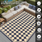 Outdoor Rug for Patios Clearance,Waterproof Mat,Large Outside Carpet,Reversible Plastic Straw Camping Rugs,Rv,Porch,Deck,Camper,Balcony,Backyard (9x12,Checkered/Black&Beige)