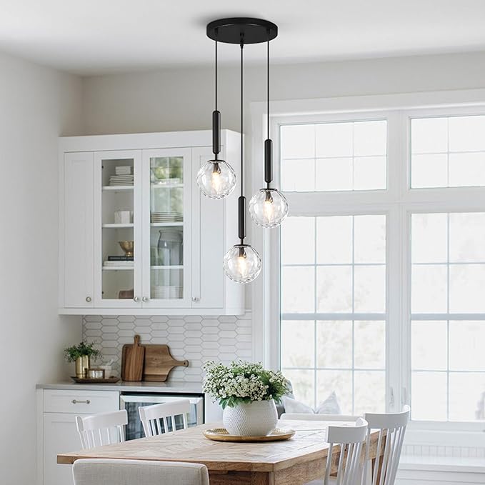 Mid Century Globe Pendant Light with Clear Glass for Kitchen Island Modern Balck Finish Hanging Light Fixture Retro Round Pendant Lighting for Living Room Bedroom Entryway(3 Lights)
