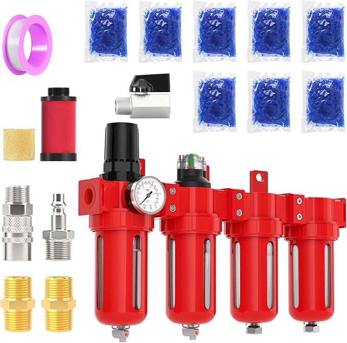 1/2" NPT Industrial Grade 4 Stage Aluminum Air Drying System, Coalescing Filter, Particulate Filter, Double Desiccant Dryer and Air Regulator,Manual Drain For Plasma Cutter and Paint Spray