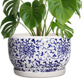 SQOWL Ceramic Pots for Plants - 10 Inch Ceramic Flower Pots with Drainage Hole and Saucer, Round Large Planter Indoor, Decorative Porcelain Planter Outdoor, Home Decor, Birthday Gifts, Blue and White