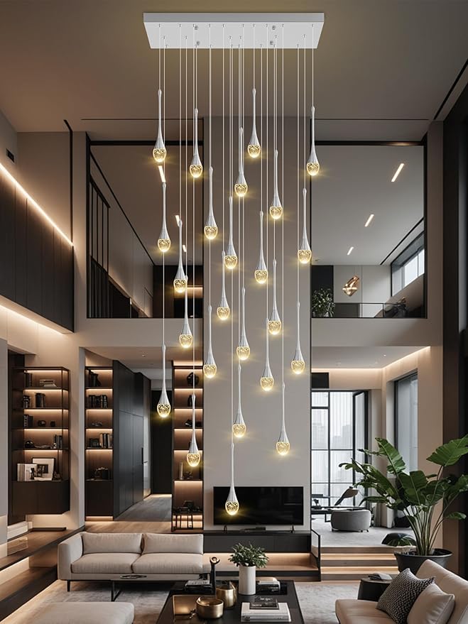 24-Lights Raindrop Chandeliers for Dining Room, Chrome Rectangular Pendant Lights Fixture,Teardrop Pendant Lights Kitchen Island, Adjustable Rectangular Chandelier for Entryway Foyer High Ceiling