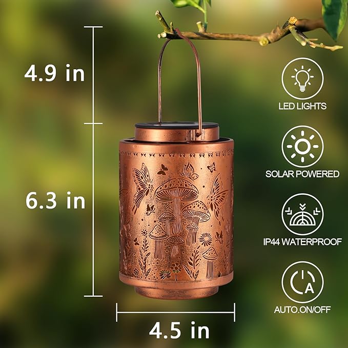 Solar Lanterns Outdoor Waterproof Mushroom Butterfly Garden Decor Gifts for Women Mon Grandma Metal Hanging Solar Lights Decoration for Outside LED Lanterns for Yard Patio Lawn Pathway Landscape