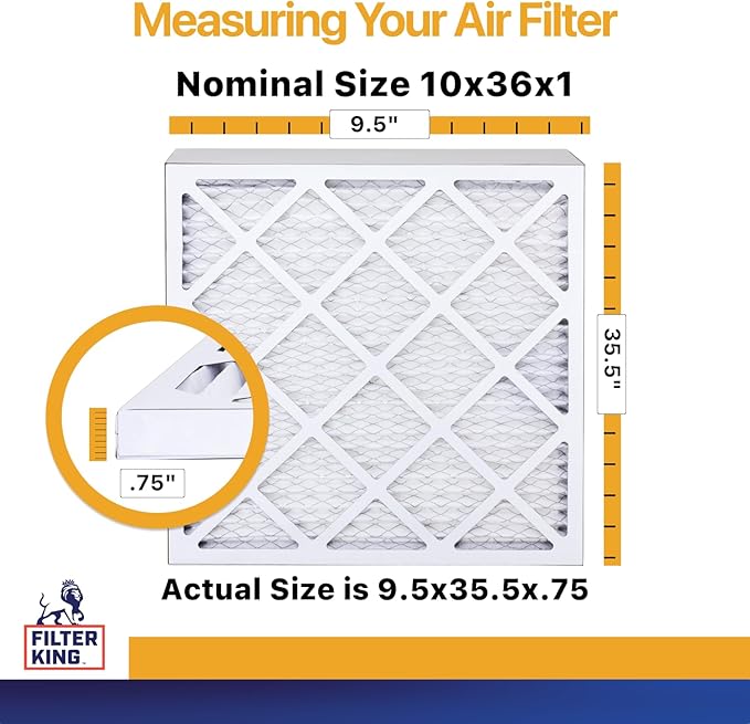 Filter King 10x36x1 Air Filter | 6-PACK | MERV 13 | HVAC Pleated AC Furnace Filters | MADE IN USA | Actual Size: 9.5 x 35.5 x .75"