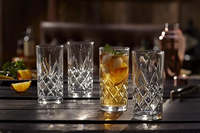 Royalty Art Kinsley Tall Highball Glasses Set of 8, 12 Ounce Cups, Textured Designer Glassware for Drinking Water, Beer, or Soda, Trendy and Elegant Dishware, Dishwasher Safe (Hiball)