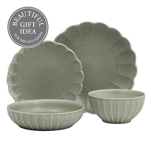 Gibson Elite Malibu Shore 16 Piece Scallop Stoneware Reactive Glaze (Service for 4) Ceramic Plates and Bowls Dinnerware Set - Green