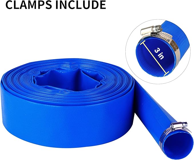 3" x 50 FT Pool Backwash Hose, Blue Heavy Duty Reinforced PVC Lay Flat Water Discharge Hose for Swimming Pool Filter Pump,with 2 Clamp