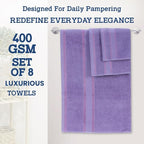 Casa Lino Bath Towel Set of 8 (2 Bath Towels, 4 Wash Cloths & 2 Hand Towels for Bathroom) - 100% Cotton - Highly Absorbent & Quick Dry - Guest Room Essentials for Bathroom Set - (Purple)