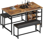AWQM Space Saving Dining Table Set for 2-4 People, 53" Kitchen Table with 2 Upholstered Bench, Dinner Table with Wine Rack Glass Holder and Storage Shelf, 3-Piece Dinette Table for Small Apartment