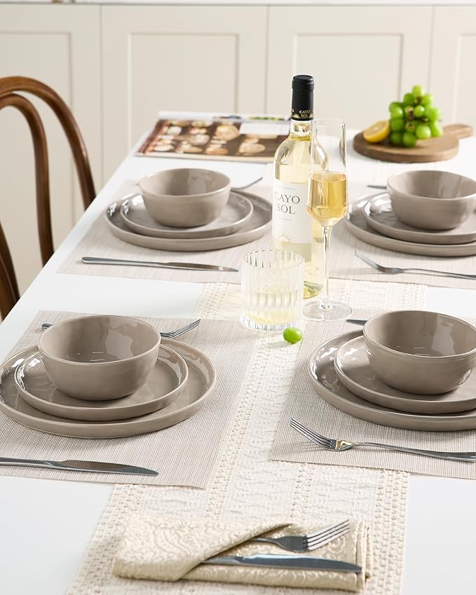 Famiware Mars Plates and Bowls Set, 12 Pieces Dinnerware Sets, Dishes Set for 4, Cinnamon Brown