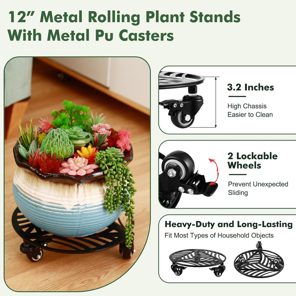 3 Packs Metal Plant Caddy with 3 Metal PU Wheels 12” Heavy-duty Wrought Iron Rolling Plant Stands with Casters Indoor and Outdoor Plant Pot Roller Base Plant Dolly Coaster Movers Black