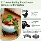 3 Packs Metal Plant Caddy with 3 Metal PU Wheels 12” Heavy-duty Wrought Iron Rolling Plant Stands with Casters Indoor and Outdoor Plant Pot Roller Base Plant Dolly Coaster Movers Black