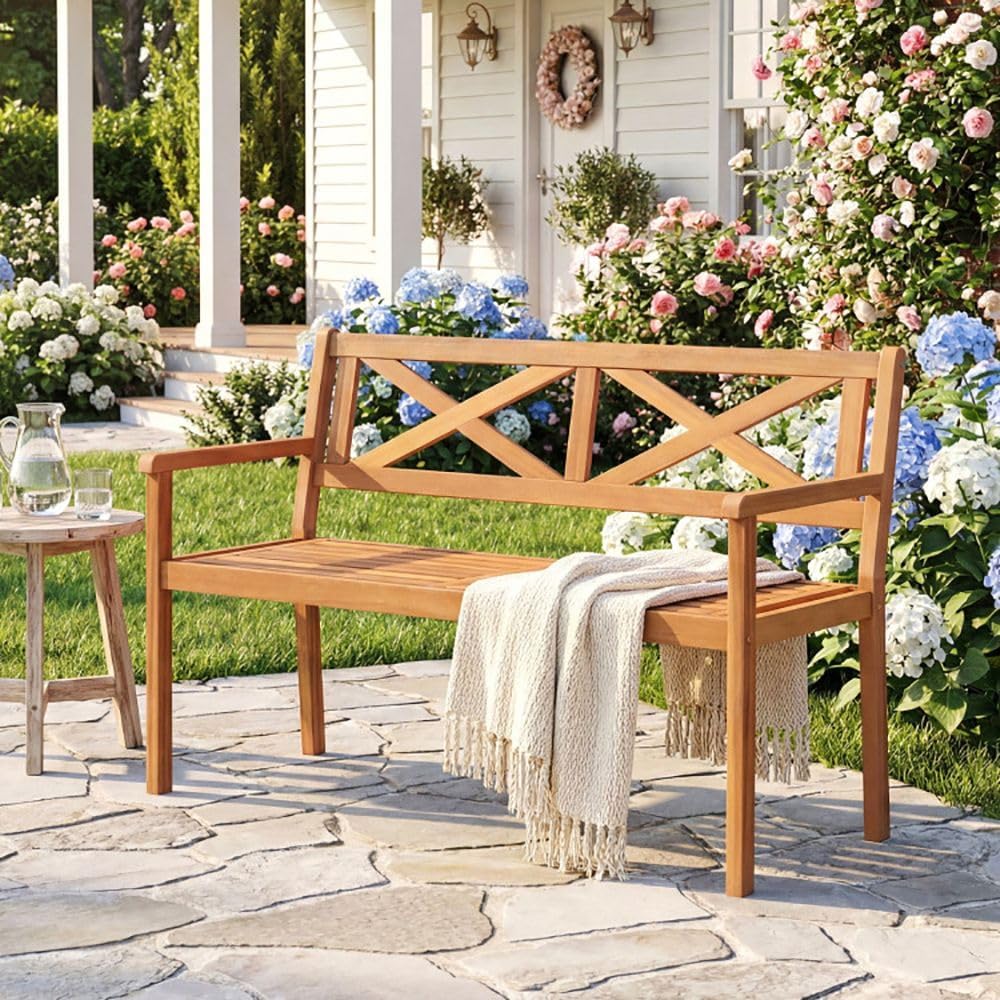 2-Person Acacia Wood Garden Chair Armrests Backrest 44in Seat Width 800lb Capacity for Patio